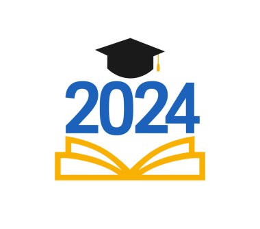 2024 mezunlarının eğitim logosu konsepti. İzole edilmiş rozet. Okul afişi şablonu. 2024 yaratıcı ikon öğrencileri. Okul davetiyesi fikrine tekrar hoş geldiniz. Dekorasyon tasarımı. Diploma kapağı.