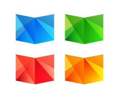 Yaratıcı vitray kitaplar seti. Okul ikonları. İzole elementler. Eğitim logosu konsepti. Sevimli renkli elementler. Kitap şablonunu aç. Modern tasarım. Grafik koleksiyonu. Üç boyutlu sembol. Vektör işareti.