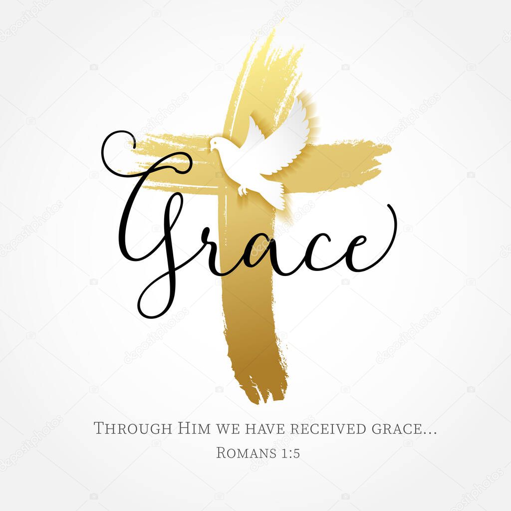 Grace lettering, golden cross and flying dove, Romans 1:5. Christian t-shirt design. Vector illustration
