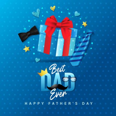 Gelmiş geçmiş en iyi baba, Babalar Günü için internet hikayeleri. Gerçekçi 3D hediye kutusu, kravat ve mavi arka planda papyon olan tanıtım afişi. Vektör illüstrasyonu