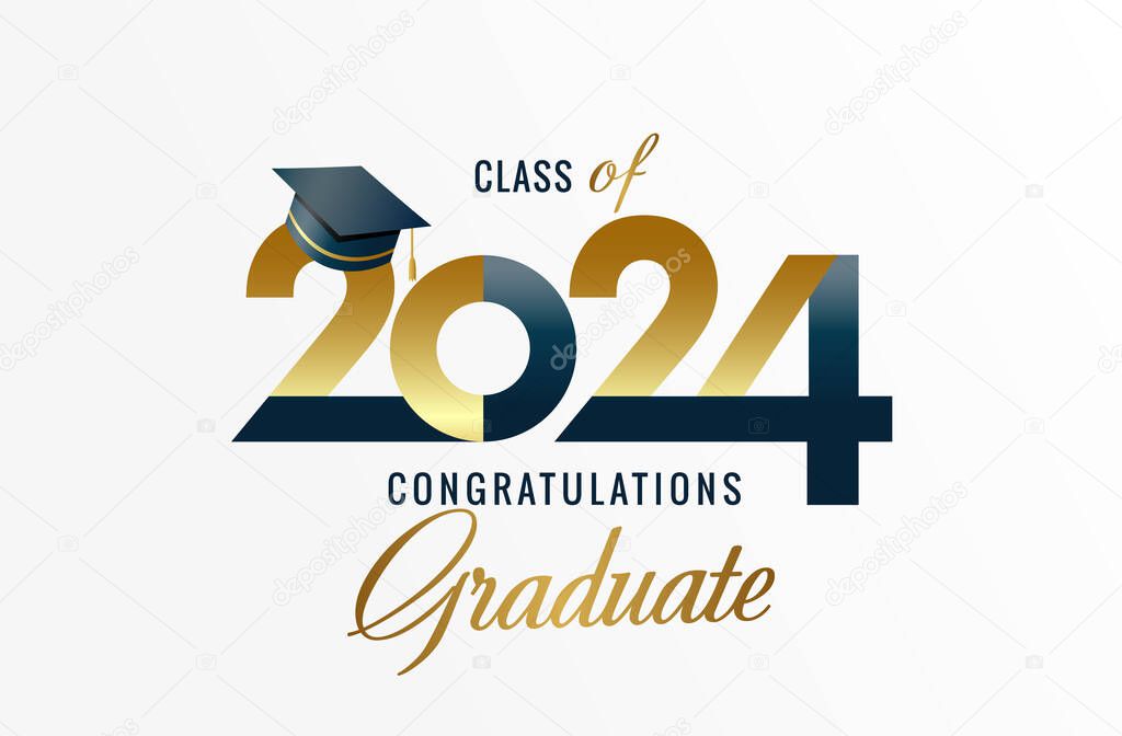 Class of 2024, Congratulation Graduate typography logo design. Congrats Graduates, concept for booth or web stories with black graduation hat. Vector illustration