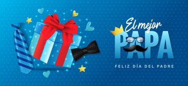 El mejor Papa, Feliz Dia del Padre İspanyol konsepti ve 3D hediye kutusu. Tercümesi: Dünyanın en iyi babası, Babalar Günün kutlu olsun. Vektör illüstrasyonu