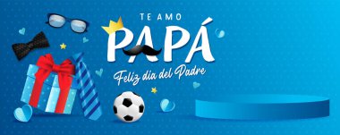 Te amo Papa, Feliz dia del Padre İspanyol ürün tanıtımı pankartı. Tercümesi: Seni seviyorum baba, Babalar Günün kutlu olsun. Vektör illüstrasyonu