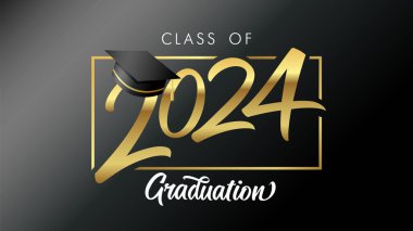2024 Sınıfı Altın Lüks Hat Slaytı 'nı tebrik ederim. Tebrikler mezunlar altın renkli siyah şapkayla mezun oldular. Vektör illüstrasyonu