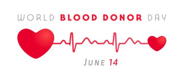 Dünya Kan Bağışı Günü reklam afişi. Yatay poster. Sevimli kırmızı kalp şekli ve kalp atışı çizelgesi. Gerçekçi nabız çizgisi. Hayırseverlik sembolü. Tıbbi işaret. Uluslararası kan bağışı günü.