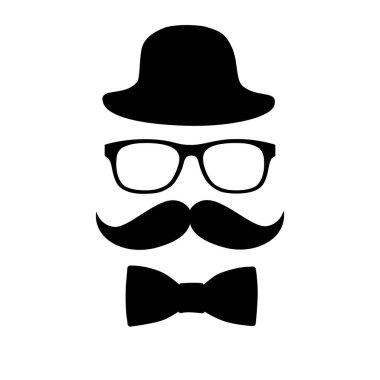 Babalar Günü ya da küçük hippi bıyıklı kılık değiştirme tasarımı. Bıyık temalı hediyeler ve gösterişli küçük adamın partisi için hediyeler. Vektör illüstrasyonu