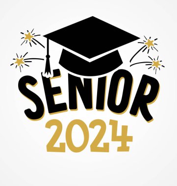 Son sınıf 2024, logo tasarımından mezun. Siyah mezuniyet şapkası ve havai fişekleri olan Senior 2024 çıkartma tasarımı. Vektör illüstrasyonu