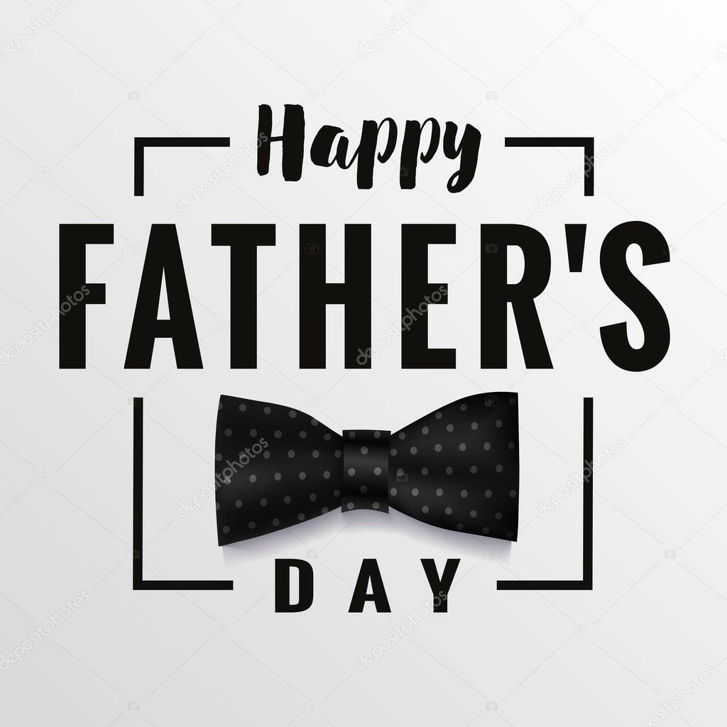Happy Father's Day cute greetings. Greeting card design with 3D black bow tie. Elegant wish card creative concept. Postcard template. Isolated elements. Social media poster. Network holiday banner.