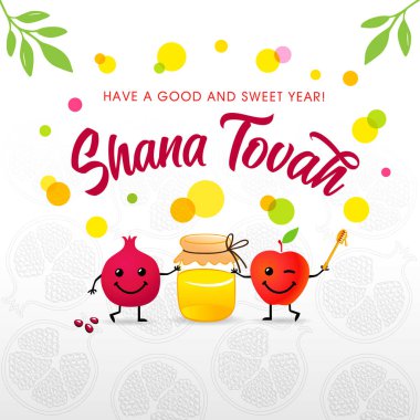 Shana Tovah 2024 tatil kartı, içinde komik nar, elma ve bal sembolleri var. Rosh Hashanah arkaplan, karikatür tarzında meyveli pankart. Vektör tasarımı