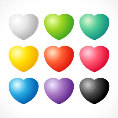Üç boyutlu renkli kalp seti. Yaratıcı ikonlar. İzole edilmiş sembol. Grafik şablonu. Çıkartma tasarımı. Kopya alanı olan renkli çerçeve. Dekoratif elementler. Clip sanatı konsepti. Sevimli kalp şekilleri. Tatil dekorasyonu.