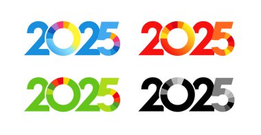 2025 yaratıcı renkli sayılar kümesi. Mutlu yeni yıl ikonları. Mali yıl 2025 logo konsepti. Mavi, kırmızı, yeşil, siyah ve beyaz şablon. Kopyalama alanı olan sembol koleksiyonu. İzole tasarım.