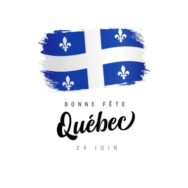 Quebec günü yaratıcı selamlar, çeviri - iyi tatiller Quebec. Fırça darbesi kesme maskeli modern bayrak logosu. 3 boyutlu tasarım. Tişört grafik şablonu. Hediye ikonu. Reklam pankartı konsepti.