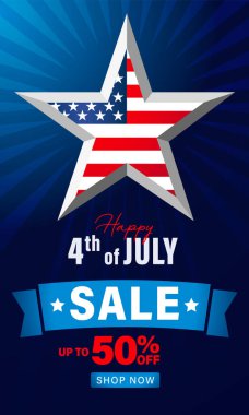 4 Temmuz indiriminiz kutlu olsun, arka planda ışık huzmeleri olan Bağımsızlık Günü afişleriniz. 4 Temmuz promosyon poster tasarımında% 50 indirim var. Vektör illüstrasyonu
