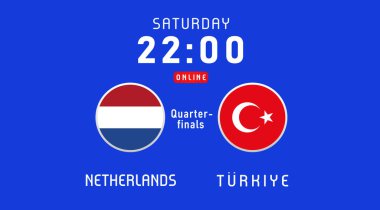Hollanda - Türkiye çeyrek finalleri, Temmuz 2024, bayrak amblemleri. TV yayını veya haber programı için Hollanda ve Türkiye bayraklarıyla vektör geçmişi