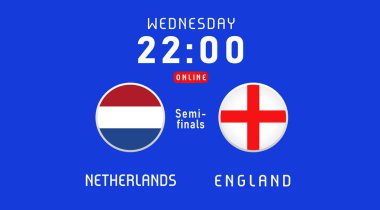 Hollanda, İngiltere yarı finallerine karşı, Temmuz 2024, bayrak amblemleri. TV yayını veya haber programı için Hollanda ve İngilizce bayraklı vektör arkaplanı