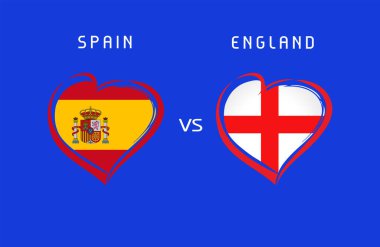 İspanya İngiltere 'ye karşı, bayrak kalp şeklinde amblemler. Futbol finali için İspanyol ve İngiliz bayraklı vektör geçmişi, Temmuz 2024