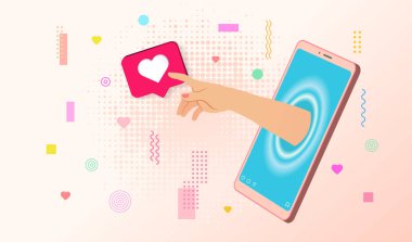 El, akıllı telefon ekranındaki gibi bir tepkiyi işaret ediyor. Smm stratejisi. Sosyal medya algoritması. Etki ve popülerlik. Çağdaş pop sanat kolajı. Vektör retro memphis biçim tasarımı