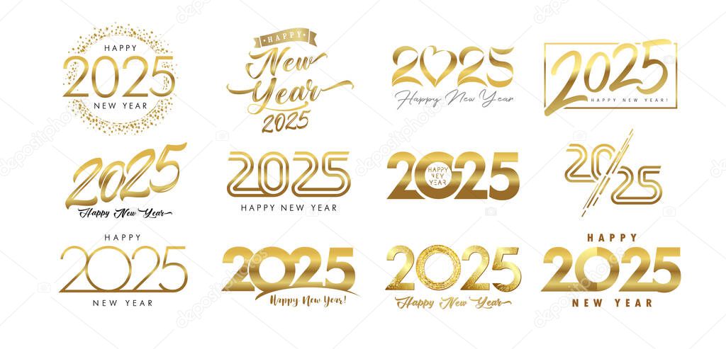 Set of golden 2025 Happy New Year logo text design. Luxurious gold color numbers 2025 for business calendar or greeting cards design. Vector illustration concept for christmas holiday