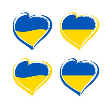 Ukrayna amblemleri, yaratıcı koleksiyon. Ukrayna bayrağı taşıyan kalp simgeleri. El çizimi şekiller. Ulusal Bağımsızlık Günü sembolü. Giyim logosu tasarımı. Mavi ve sarı renkler.