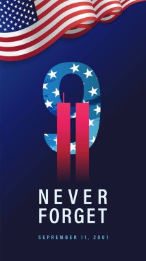 9.11 Asla Unutma, 11 Eylül 2001, ABD insta hikayeleri. New York 'un gökdelenlerinin ve 9 ve 11 numaraların vektör siluetleri. Dünya Ticaret Merkezi İkiz Kuleleri