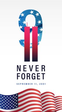 9.11 Asla Unutma, 11 Eylül 2001, insta story banner. Gökdelenlerin vektör illüstrasyon siluetleri Dünya Ticaret Merkezi İkiz Kuleleri ve 9, 11 numaralar