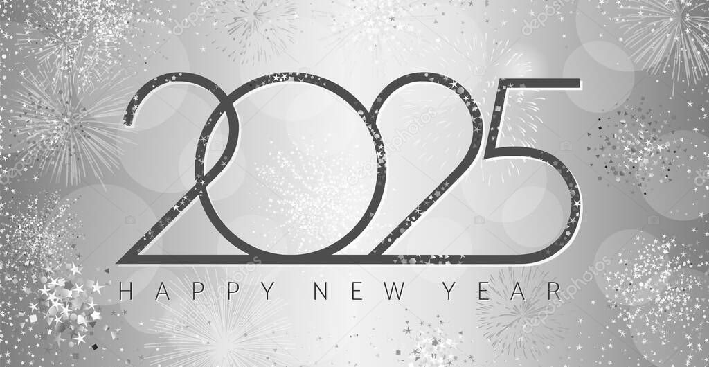 2025 silver eve. Silver color luxurious numbers 2025 with fireworks for greeting cards or business calendar design. Vector illustration for Christmas