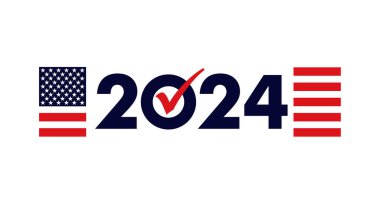 2024 simgesine oy verin. 2024 oy ve ABD bayrağıyla ABD 'de seçim günü. Cumhurbaşkanlığı Seçimleri için Vektör İllüstrasyonu, 5 Kasım