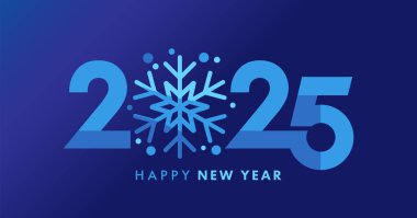 Mutlu yıllar 2025 yaratıcı kar tanesi ve tipografi numaraları. Vektör xmas posterleri ya da Noel indirimi tasarımı için mavi sayılar 2025