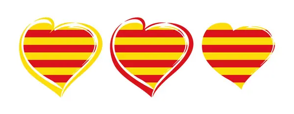 stock vector Set of creative heart shapes with Catalonian flag background and isolated clipping mask. Striped colorful icon. Badge concept. Holiday symbol. Welcome to Catalonia, welcome to Barcelona tourism logo.