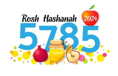 Mutlu Rosh Hashanah 5785, 2024 yıllık greetig kartı. Nar, bal ve elmalı Shana Tova posteri. Yahudi yılbaşını neşe ve sıcaklıkla kutlayın. Vektör illüstrasyonu