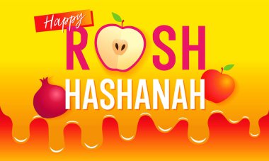 Typography nar, elma ve bal içeren mutlu Rosh Hashanah vektör tasarımı. Yahudi yılbaşını neşe ve sıcaklıkla kutlayın. Vektör illüstrasyonu