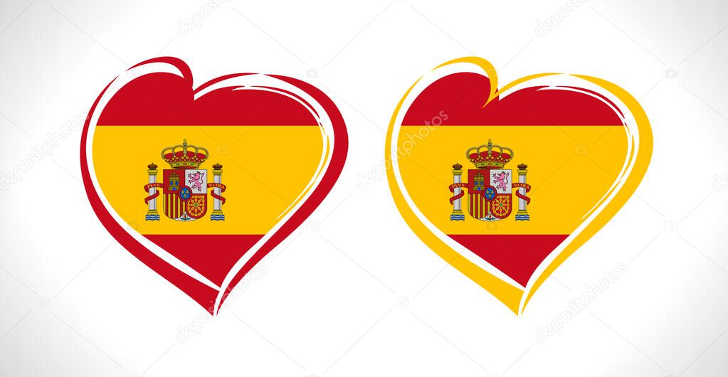 Set if creative Spanish hearts. I Love Spain logo idea. Red and yellow heart strokes. Welcome to Madrid invitation element. Tourism concept. Travel agency branding design template. Isolated shape.