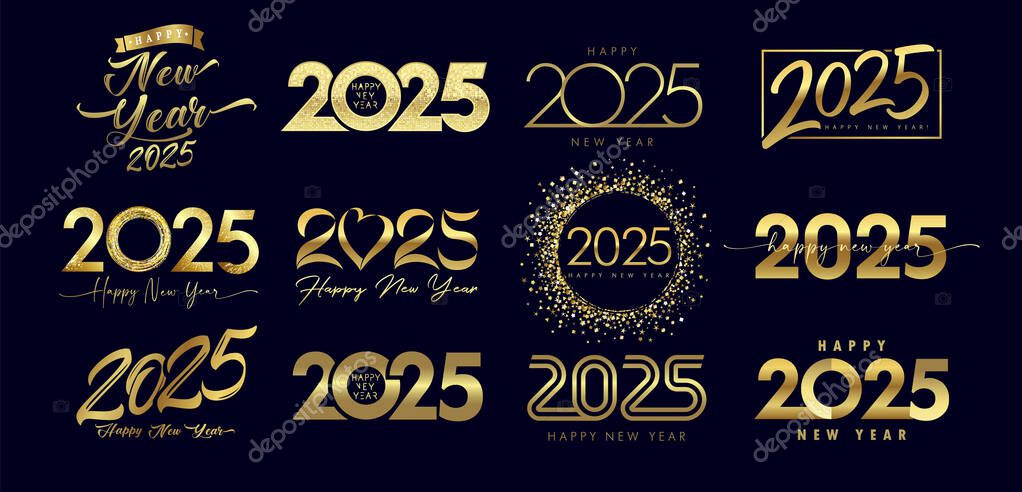 Set of Happy New Year 2025 golden color logo text design. Premium logos concept with calligraphy, golden mosaic, round sparkle ball and heart shape. Vector calendar design 2025