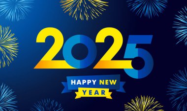 Ukrayna, İsveç, Kazakistan veya Bosna-Hersek için 2025 tatil logosu kavramı. Yeni Yıl 2025 kapak şablonu takvim ya da tebrik kartı tasarımı için bayrak renginde. Vektör illüstrasyonu