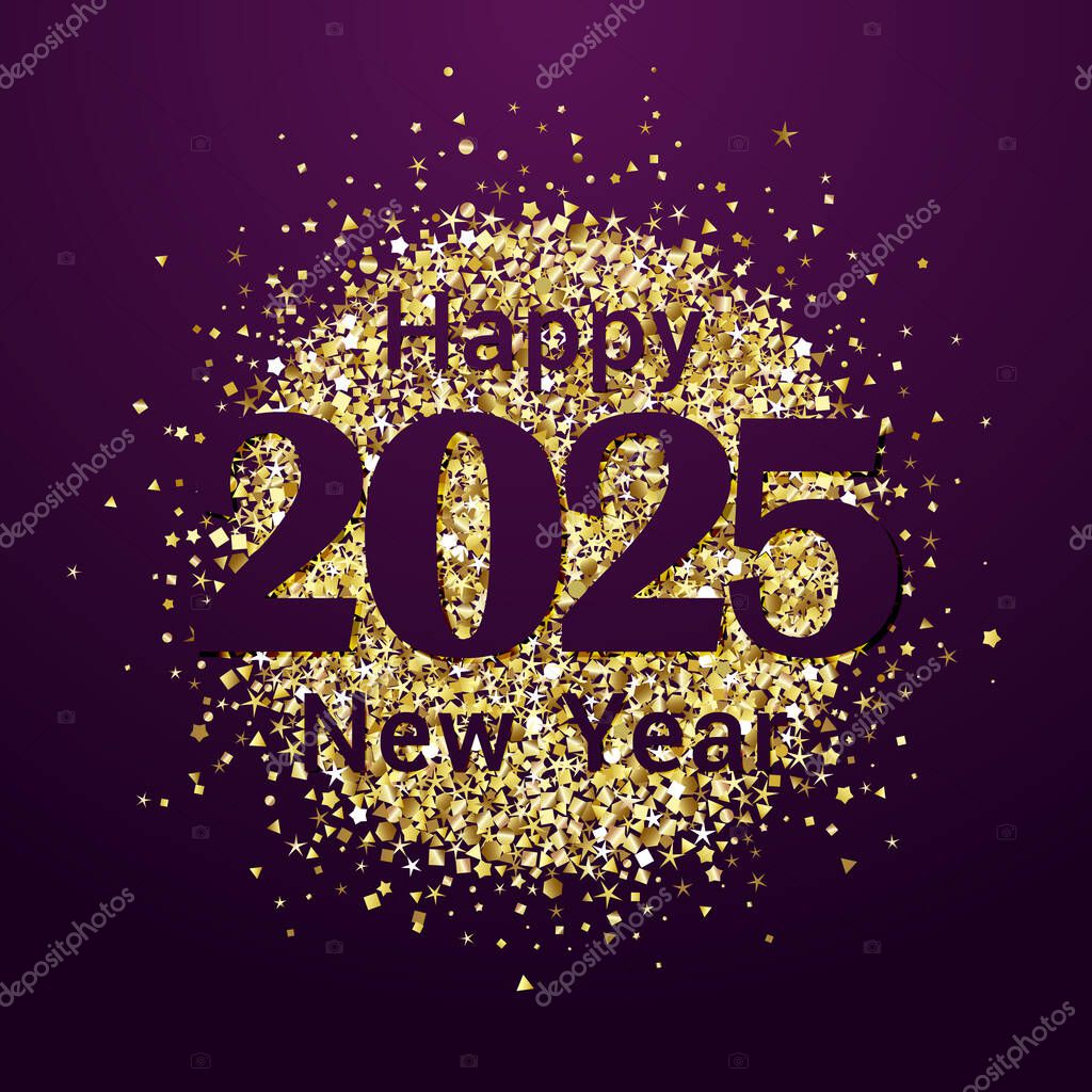 Sweet congratulations on the New Year 2025 with decorative golden ball. Square greeting card. Christmas decoration creative concept. Shiny gold backdrop. Xmas gift box design. Season's greetings card.