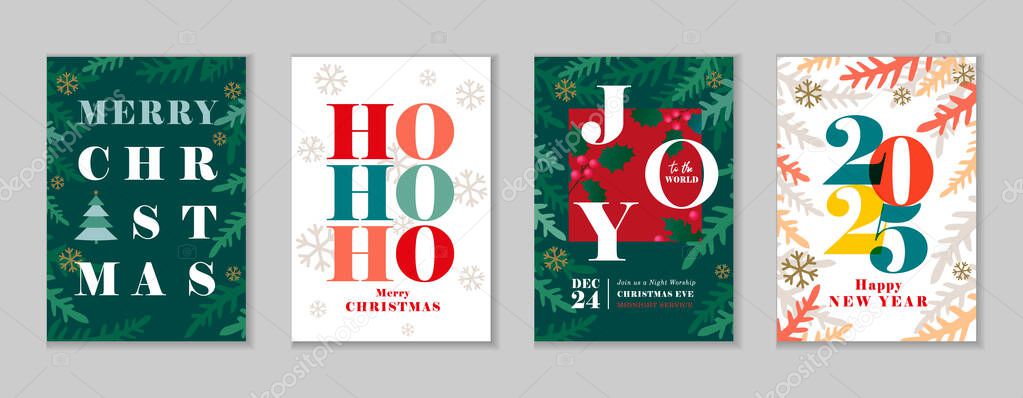 Merry Christmas, Joy to the world and Happy New Year 2025 beautiful greeting cards set. Vector background with Christmas tree branches, snowflakes and typography for flyer, covers or posters