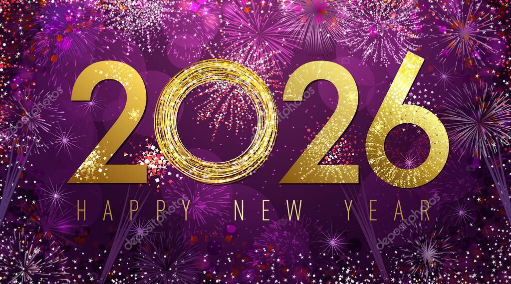 Happy New Year 2026 greeting card design with holiday backdrop and golden typography 20 26 Shiny graphic elements. Abstract festive background. Isolated fireworks. Cute postcard. Christmas eve concept