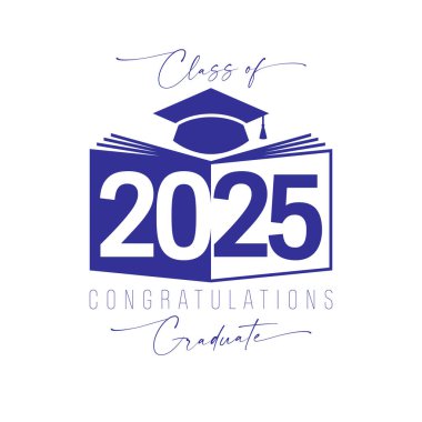 2025 mezunları için açık kitap, yaratıcı sayı ve motarboard şapkası ile eğitim ikonu. Mavi ve beyaz renkler. El yazısı stili tipografi. Tişört grafik şablonu. Rozet konsepti. Kartpostal tasarımı.