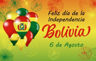 Bolivya 'nın Bağımsızlık Günü 6 Ağustos tebrik kartı tasarımı. 3 boyutlu balonlar ve havai fişeklerle 6 Ağustos 'taki Bolivya Kurtuluş Günü' nüz kutlu olsun. İnternet afişi. Bolivya bayramı şirin arkaplan