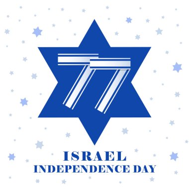 77 yıl İsrail 'in Bağımsızlık Günü logosu Magen David şeklinde. 77. yıl dönümü Yom Ha 'atzmaut' lu poster. Vektör illüstrasyonu