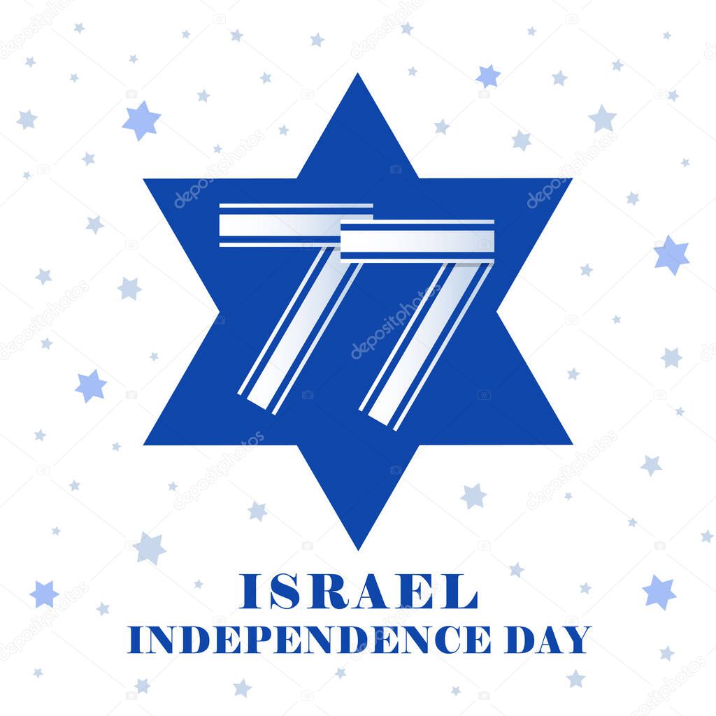 77 years Israel Independence Day logo in magen David shape. Greeting poster with 77th years anniversary Yom Ha'atzmaut. Vector illustration