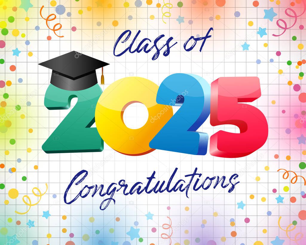 Class of 2025 congrats, graduating event decor with notebook paper backdrop and festive elements. 3D graphic colorful number 2 0 2 5 with square black cap. Prom invitation template. Gift card design.