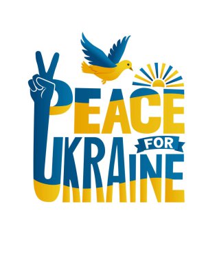 Ukrayna için barış, ulusal bayrak renklerinde yaratıcı harfler. Tişört ya da poster tasarımı için barış ve güvercin sembolü. Vektör illüstrasyonu