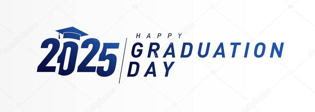 Happy Graduation Day 2025 creative congrats. Horizontal banner. Bookmark design. Gift card template. Educational awards concept. Advertising web button. Blue symbol. Graduating ribbon.