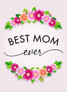 Çiçeklerle süslenmiş gelmiş geçmiş en iyi anne. Anneler Günün kutlu olsun, güzel el yazısı ve papatya buketi. Vektör illüstrasyonu