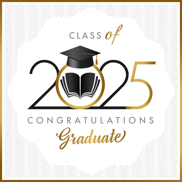 Class of 2025 congratulations graduate. Document backdrop, golden frame, open book, creative typography. Cretificate template for 2025th graduates. Graduating greetings. Happy Graduation Day congrats.