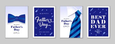 Mutlu Babalar Günü 2025 yaratıcı tebrik kartları seti. Papyonlu, çizgili erkek kravatı ve Memphis elementleriyle Babalar Günü el yazısı posterleri. Vektör illüstrasyonu