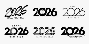 2026 'nın büyük seti mutlu yıllar siyah logo metin tasarımı. Tebrik kartı veya takvim kapağı tasarımı için Mutlu Yeni Yıl 2026 vektör simgeleri