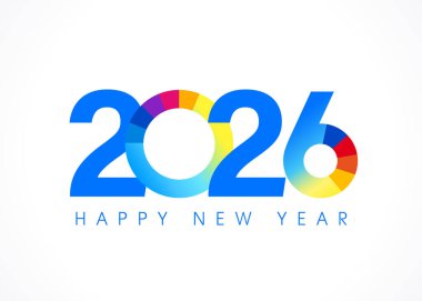 2026 Mutlu Yıllar renkli çizelge logosu. Mutlu yıllar 2026 renkli metin tasarımı. İş için tebrik kartı veya takvim kapağı tasarımı için vektör illüstrasyonu