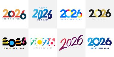 Büyük renkli 2026 sayı dizayn şablonu seti. Mutlu yıllar 2026 renkli logo tasarımı. Tebrik kartları veya takvim kapakları için vektör illüstrasyonları